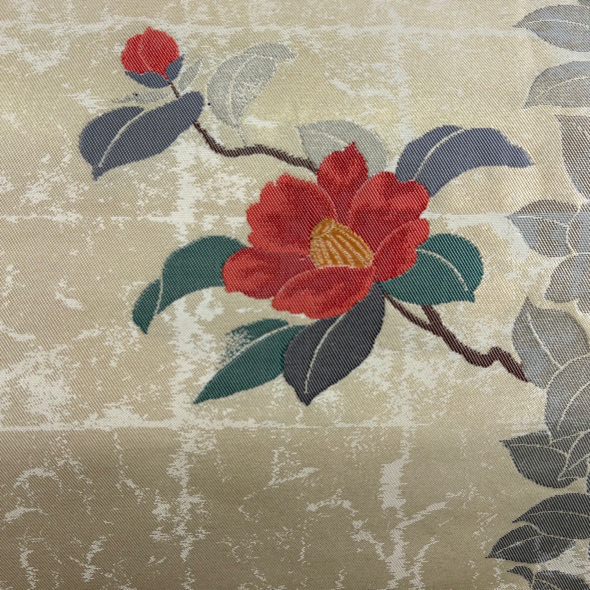 美品】 名古屋帯 優品 関西仕立て 椿 格子 金糸 箔 金色 正絹｜中古