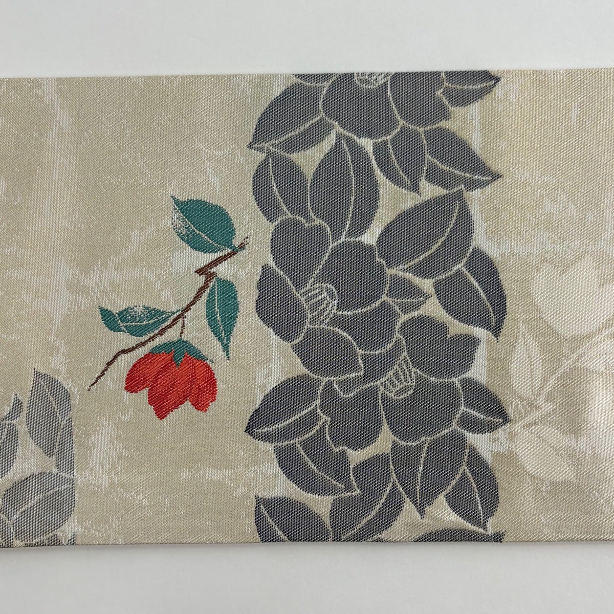 美品】 名古屋帯 優品 関西仕立て 椿 格子 金糸 箔 金色 正絹｜中古