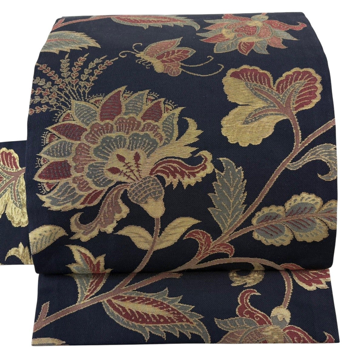 袋帯 濃紺地 金糸 華文様 美品】 名古屋帯 秀品 紬地 草花 蝶 箔 金糸 濃紺 正絹｜中古・古着