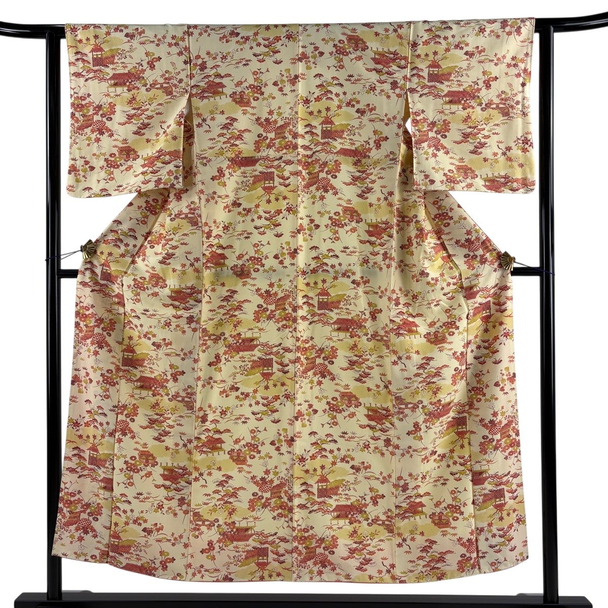 小紋 身丈151cm 裄丈61.5cm S 袷 家屋 松 薄黄 正絹 優品｜中古・古着