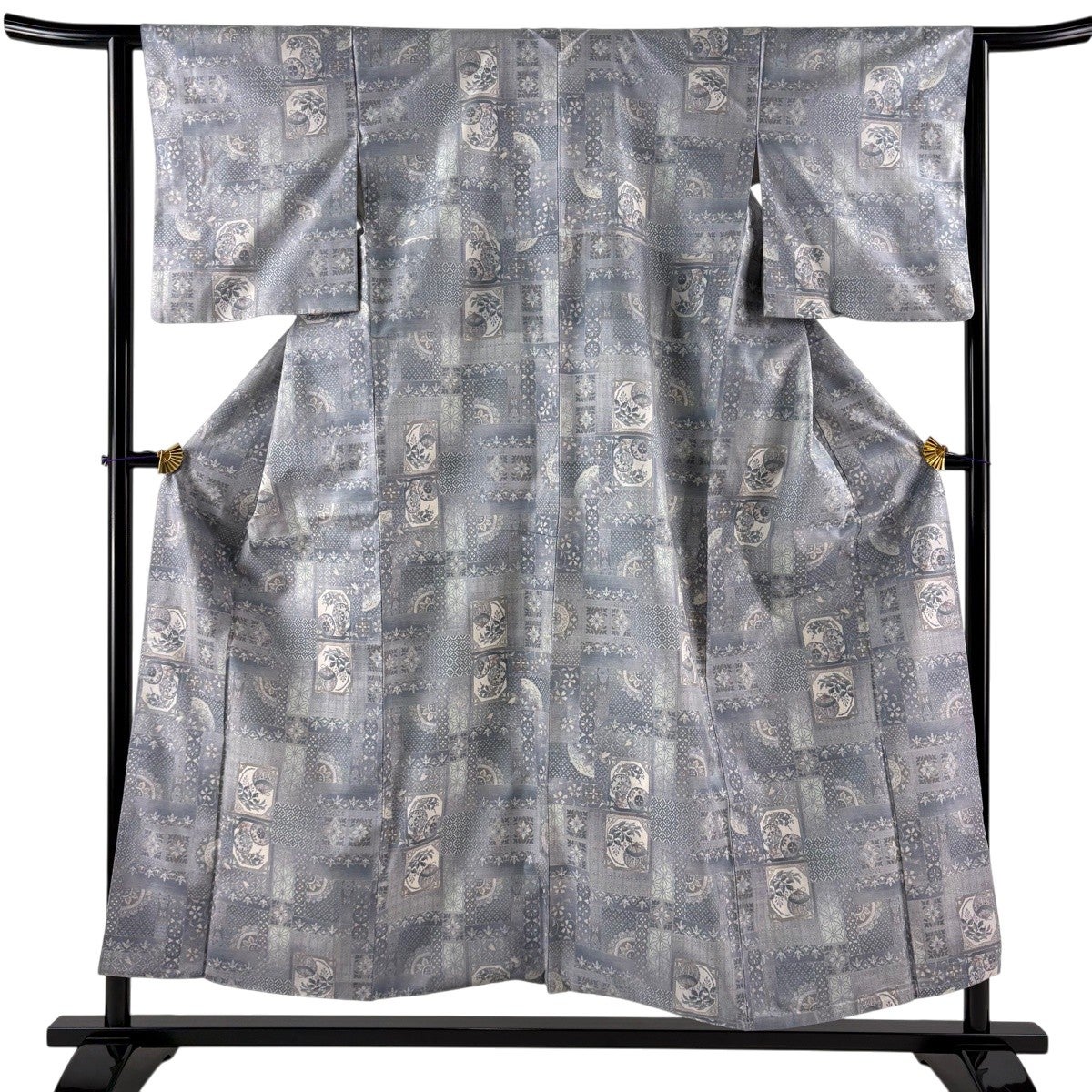超美品　綿紬　本染浴衣　着物　夏物　154裄65 白　グレー 桔梗　ワイドサイズ 美品】 紬 身丈154cm 裄丈63cm S 袷 華文 鈴 灰紫 正絹 名品｜中古