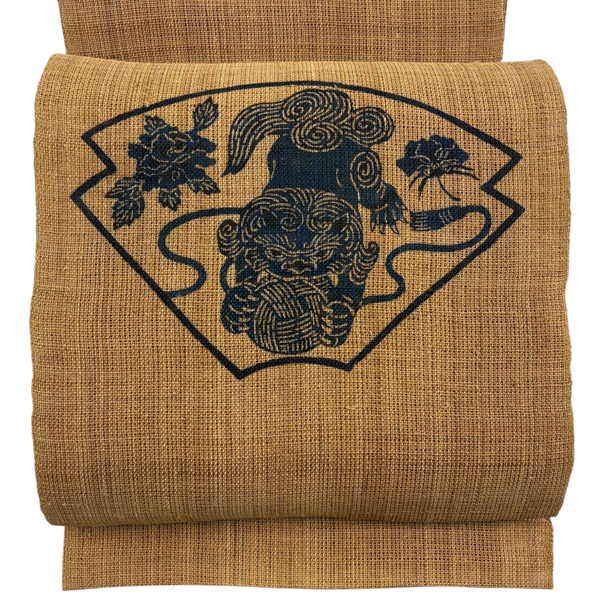 美品】 名古屋帯 逸品 八寸名古屋帯 松葉仕立て 唐獅子 薬玉 薄茶色 科