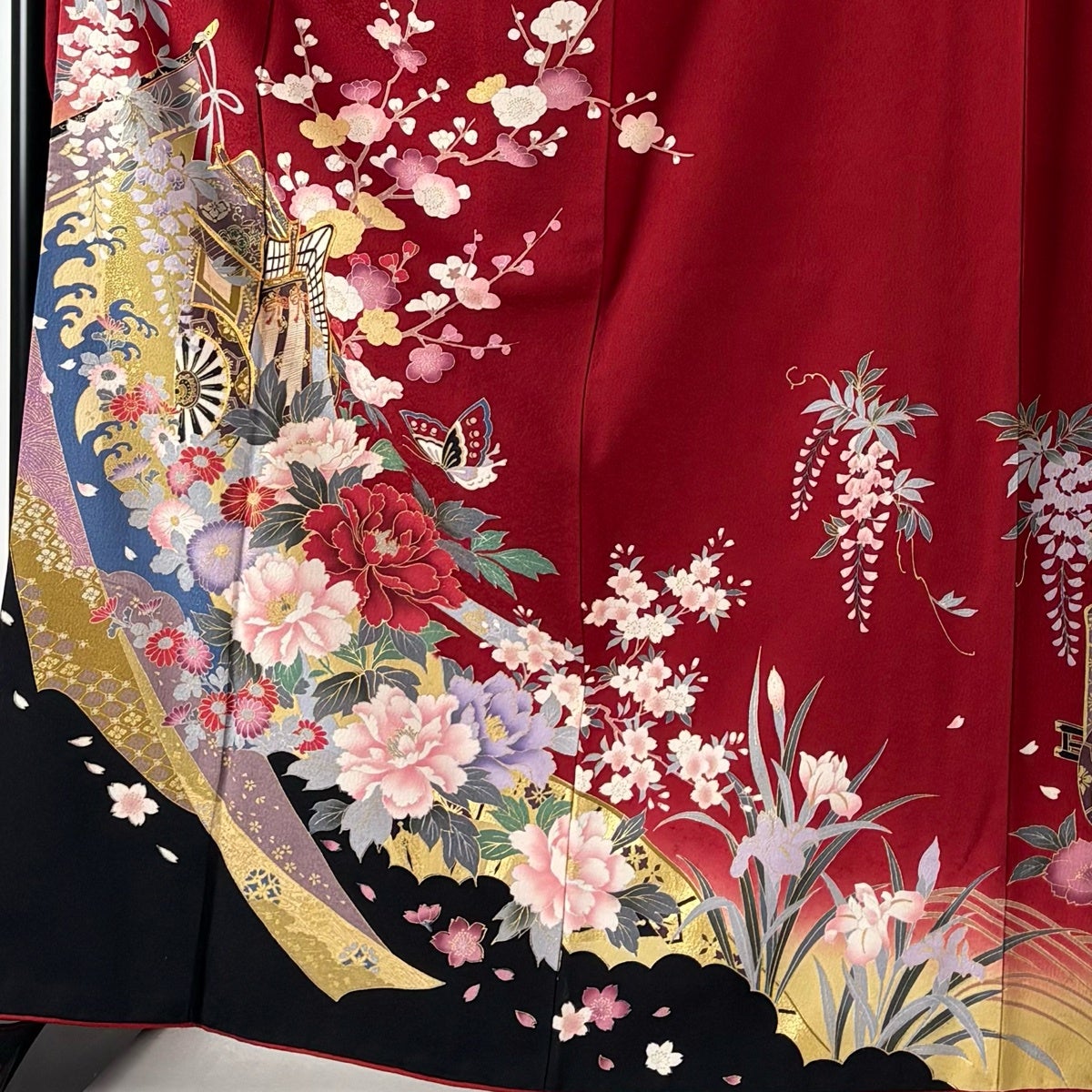 美品】 振袖 身丈165.5cm 裄丈66cm M 袷 袋帯フルセット 御所車 牡丹