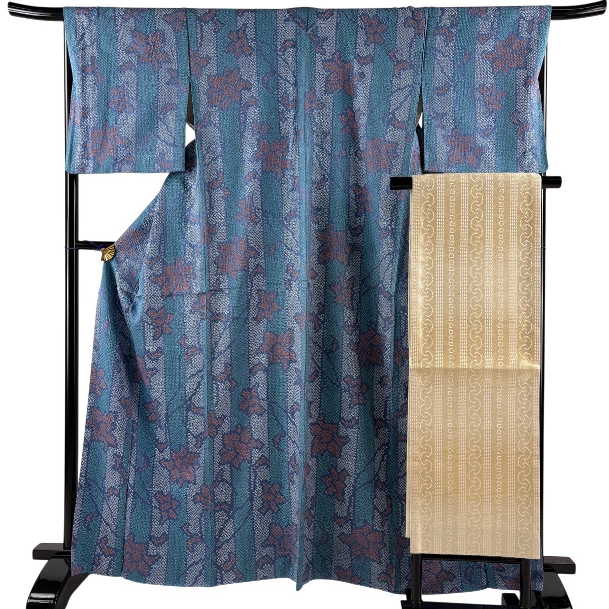 美品】 小紋 身丈160.5cm 裄丈65cm M 袷 名古屋帯セット 花菱 総絞り 