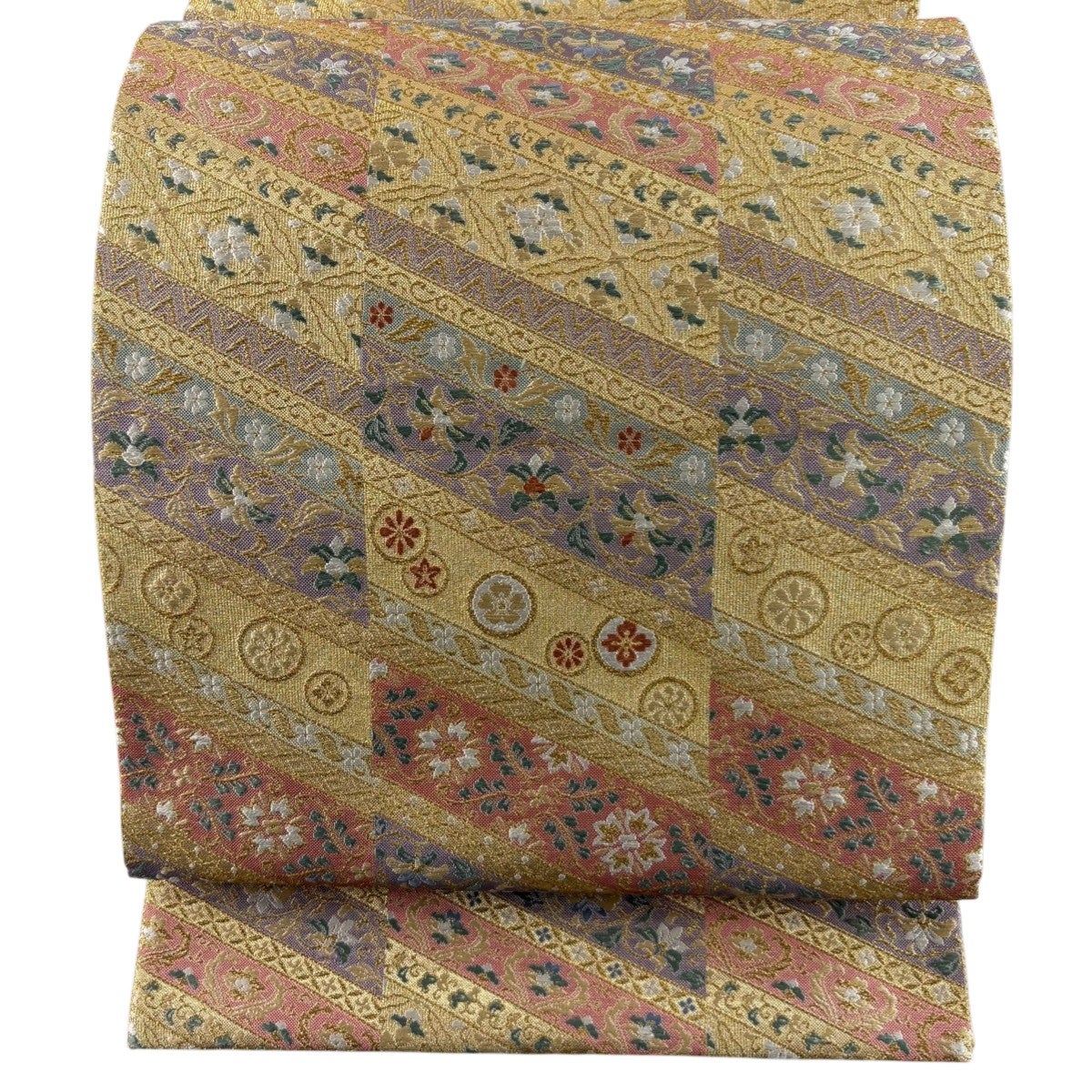 袋帯 秀品 花唐草 斜縞 金糸 金彩 金色 六通 正絹｜中古・古着