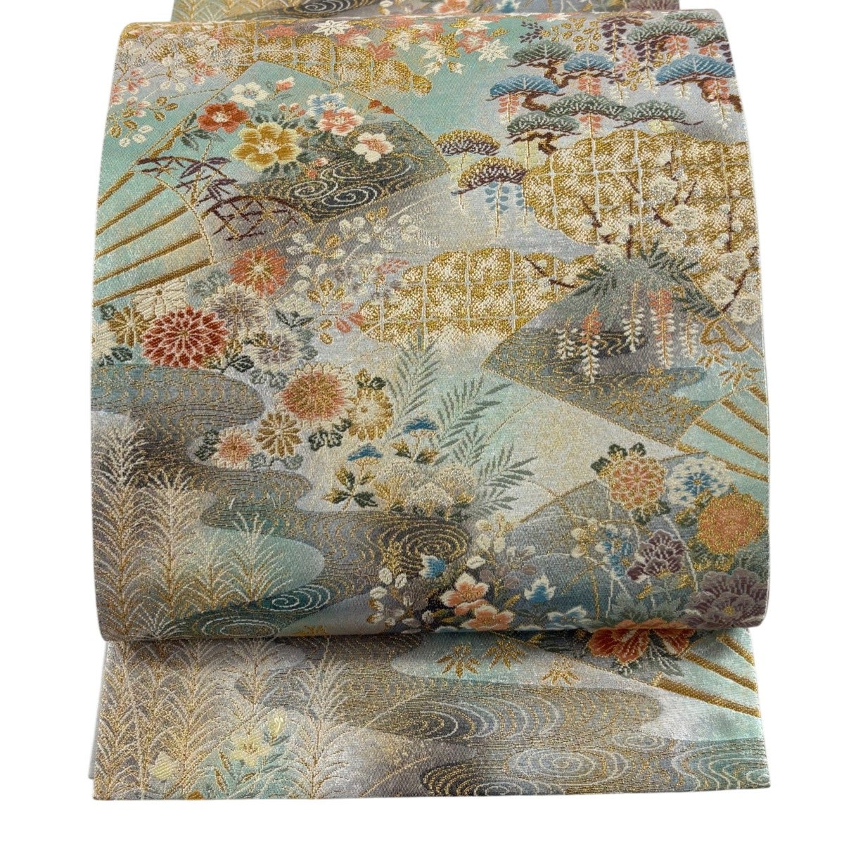 美品】 袋帯 秀品 松竹梅 金糸 箔 銀色 六通 正絹｜中古・古着