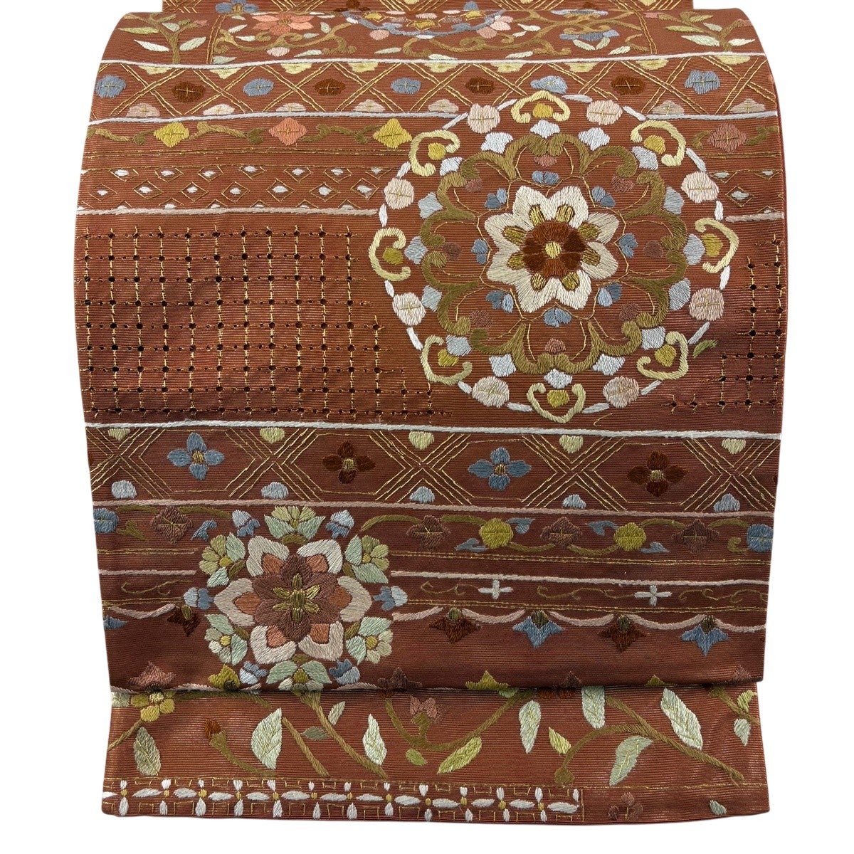 美品】 袋帯 逸品 華文 草花 相良刺繍 金糸 茶色 六通 正絹｜中古