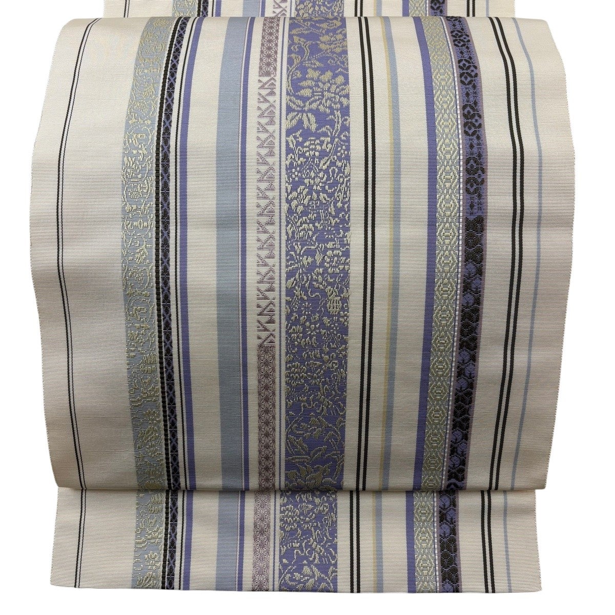 R27未着用名古屋帯 真綿紬　縞 草花柄 正絹 着物帯　仕立て上り美品 美品】 名古屋帯 逸品 八寸名古屋帯 松葉仕立て 縞 草花 クリーム 正絹