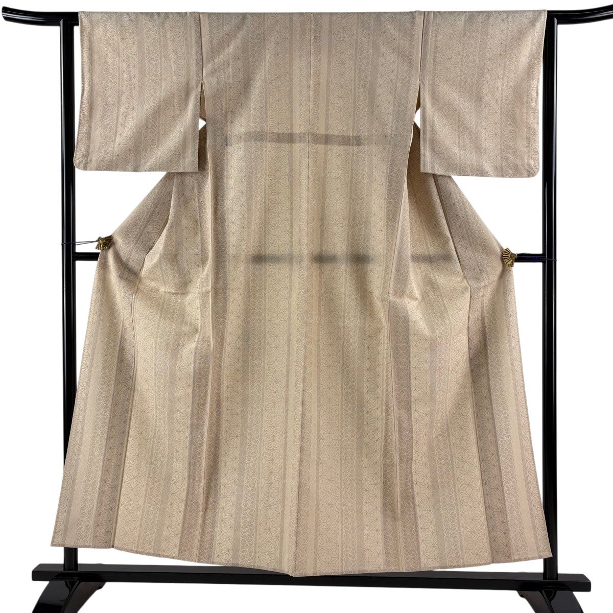 美品】 紬 身丈155.5cm 裄丈62cm S 単衣 麻の葉 縦縞 薄茶色 正絹 秀品