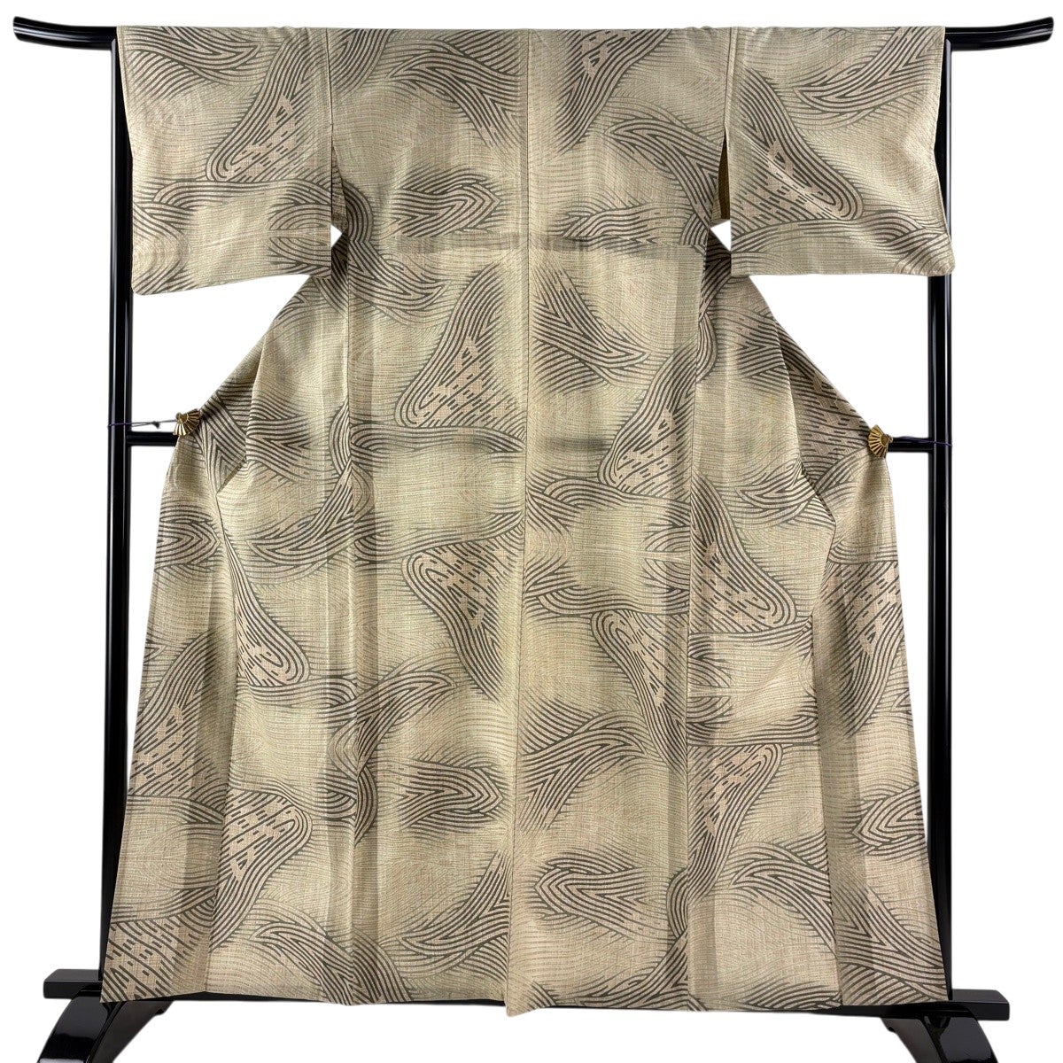 【美品・単衣】緑系チェック柄 小紋 着物　正絹　身丈148cm裄62cm 小紋 身丈159cm 裄丈65.5cm M 単衣 紬地 幾何学 茶緑色 正絹 秀品