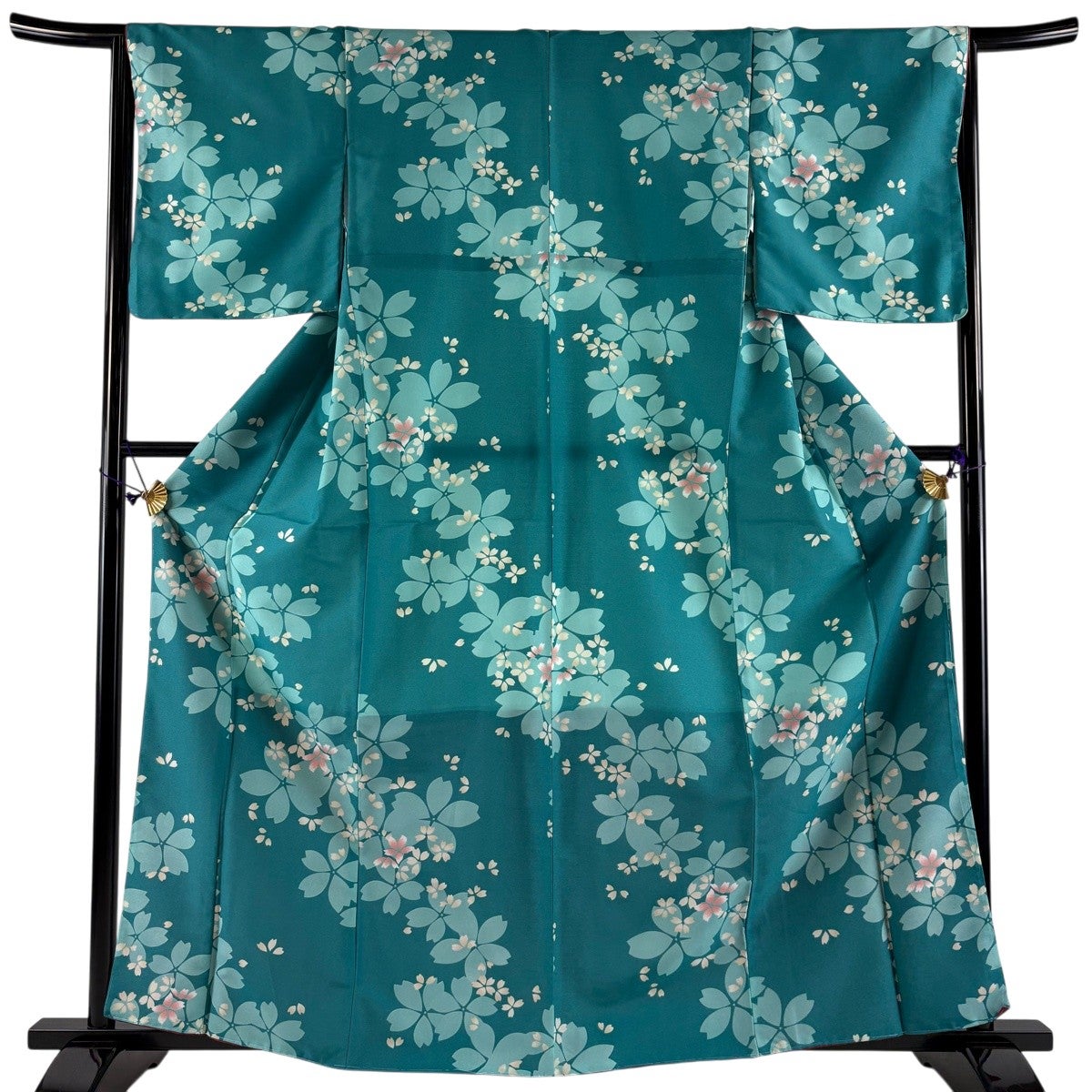 未使用品 小紋 絞り 濃い青緑 枝桜 身丈175.0cm 裄丈69cm 正絹 小紋 身丈161.5cm 裄丈65.5cm M 袷 洗える着物 桜 青緑 化繊 優品