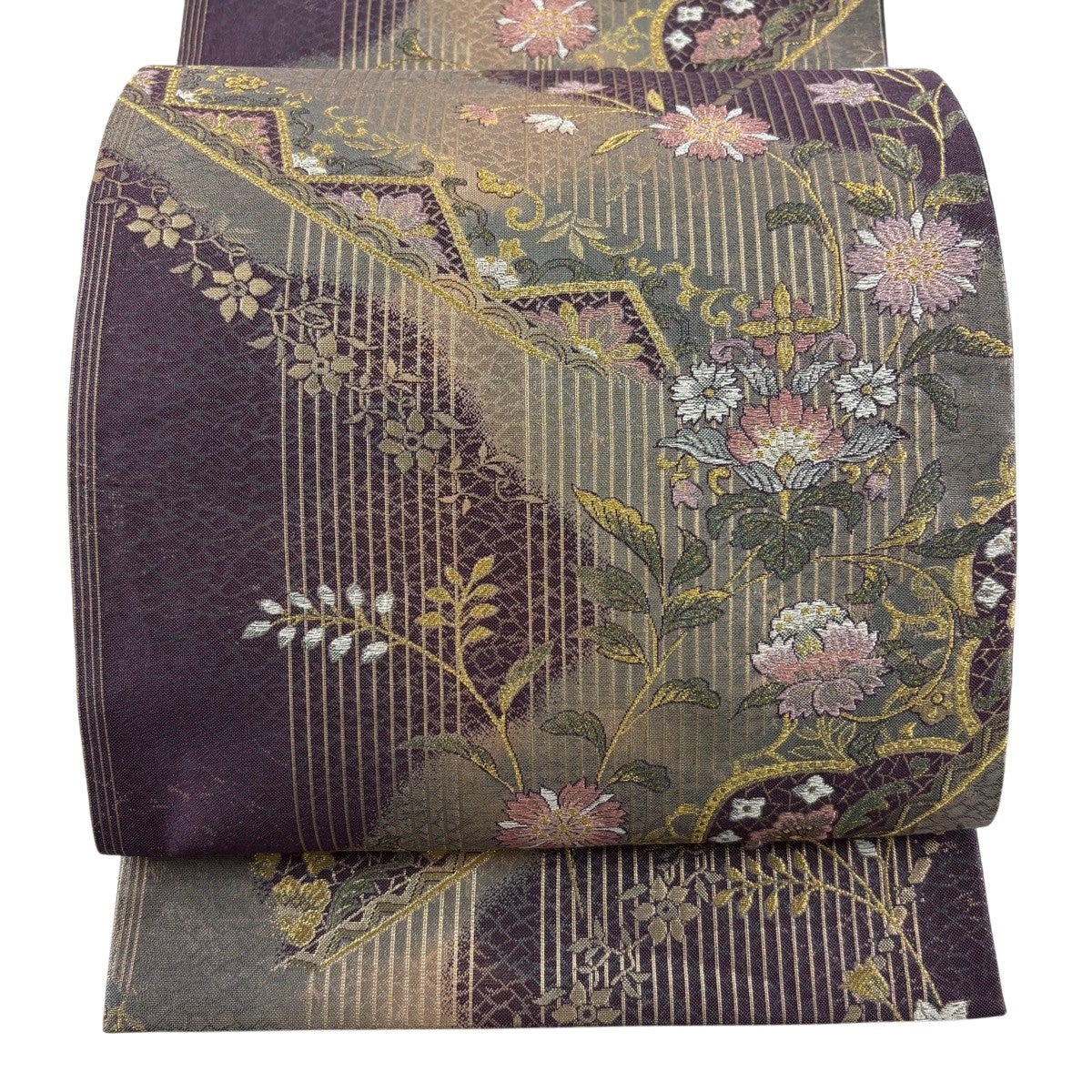 袋帯 美品 秀品 七宝 紗綾形 金糸 箔 青紫 六通 正絹 【中古】 袋帯