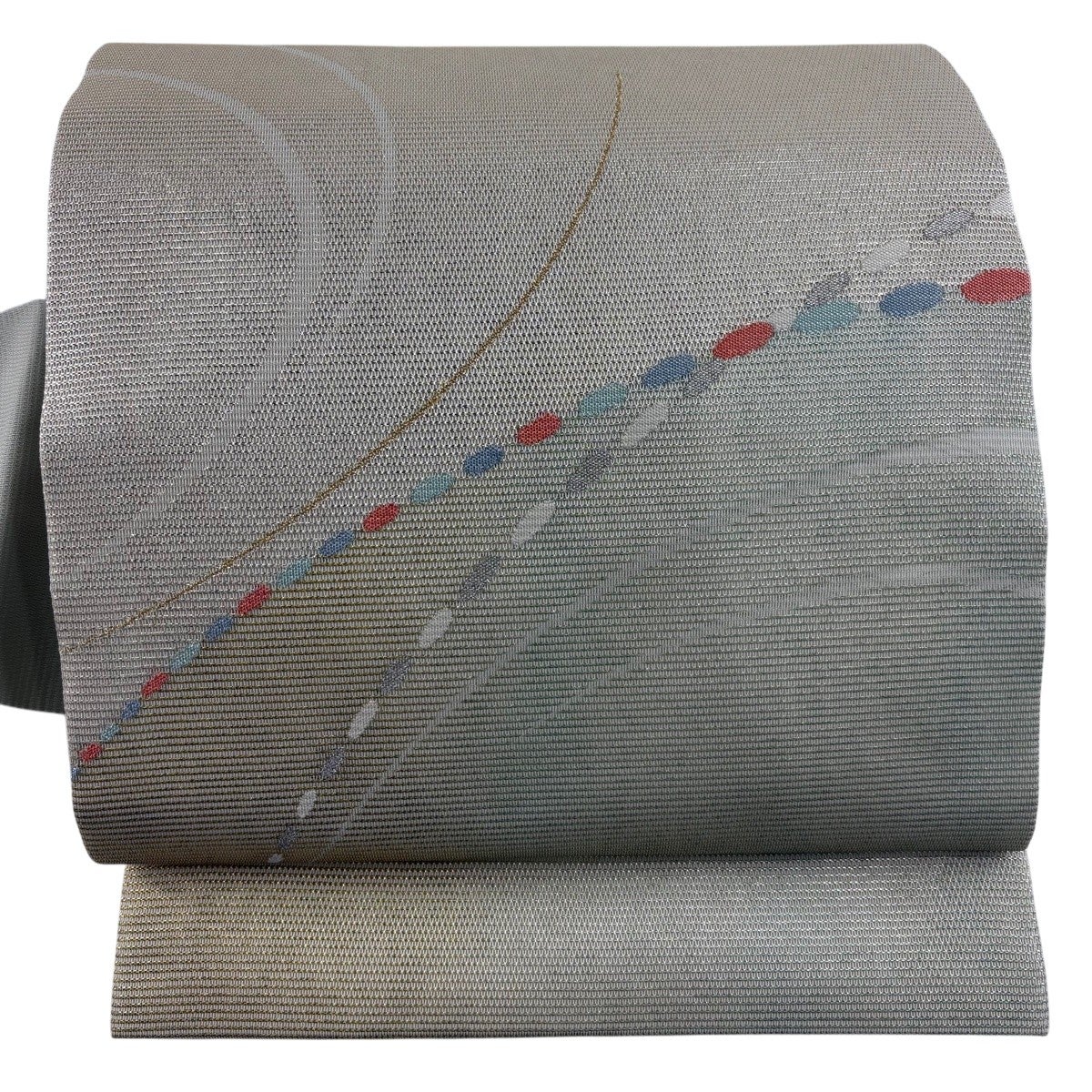▲604mn37▲洗える夏帯 絽 幾何学 抽象柄 銀糸 名古屋帯▲美品 美品】 名古屋帯 秀品 夏帯 絽 幾何学模様 金銀糸 薄ピンク 正絹｜中古