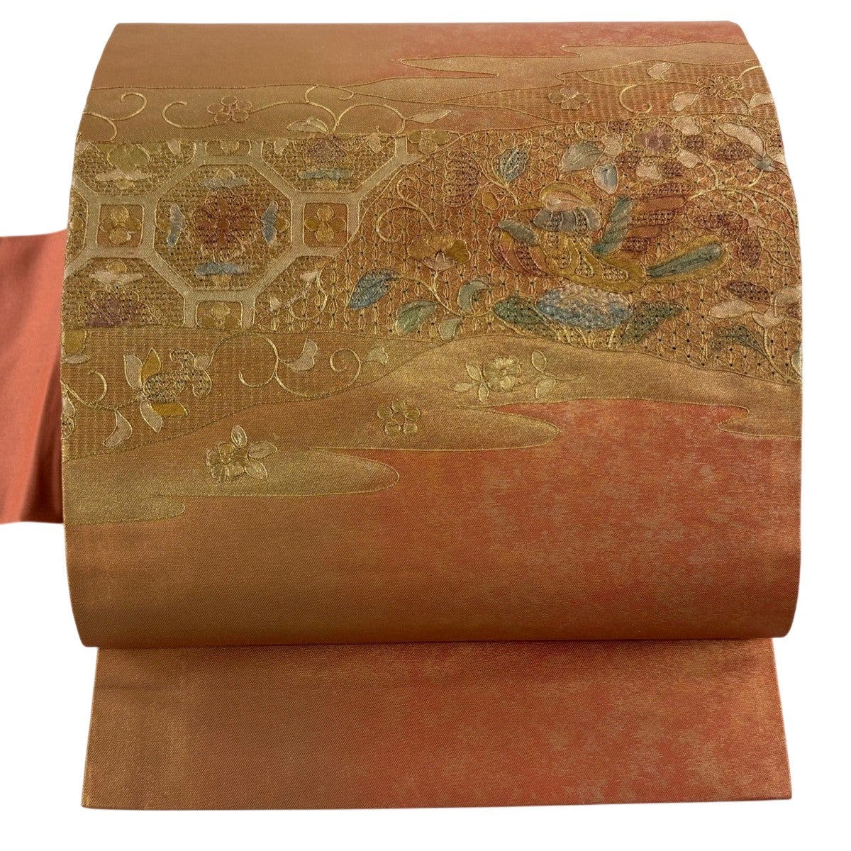 美品】 名古屋帯 優品 花菱 亀甲 箔 オレンジ 正絹｜中古・古着