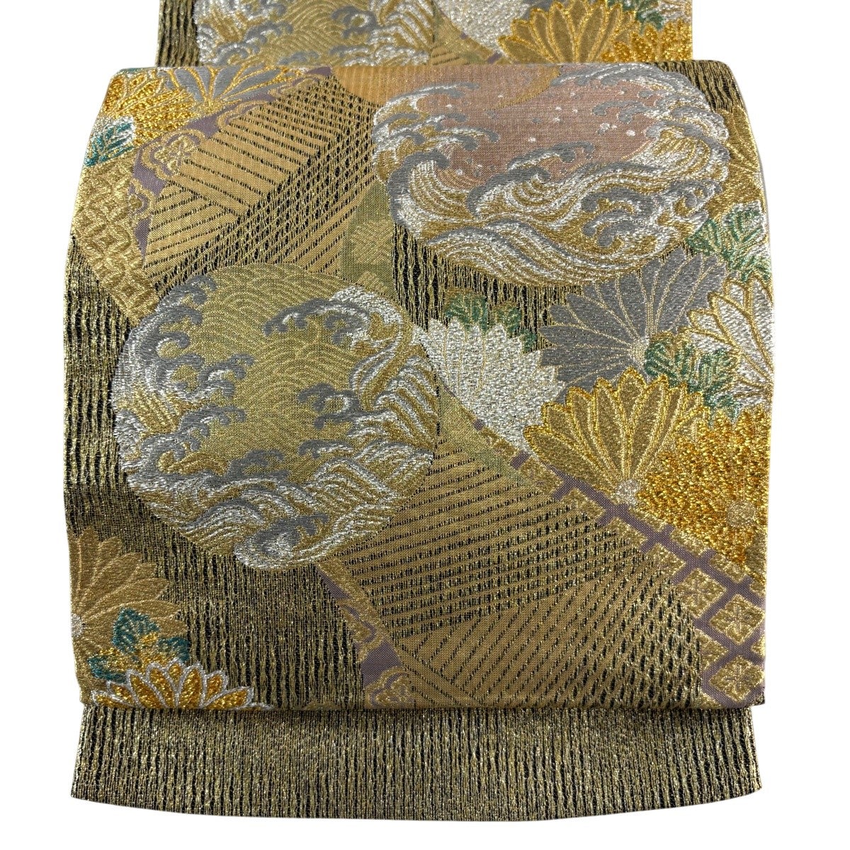袋帯 秀品 証紙 梅菊立涌 組紐 刺繍 金銀糸 金色 六通 正絹