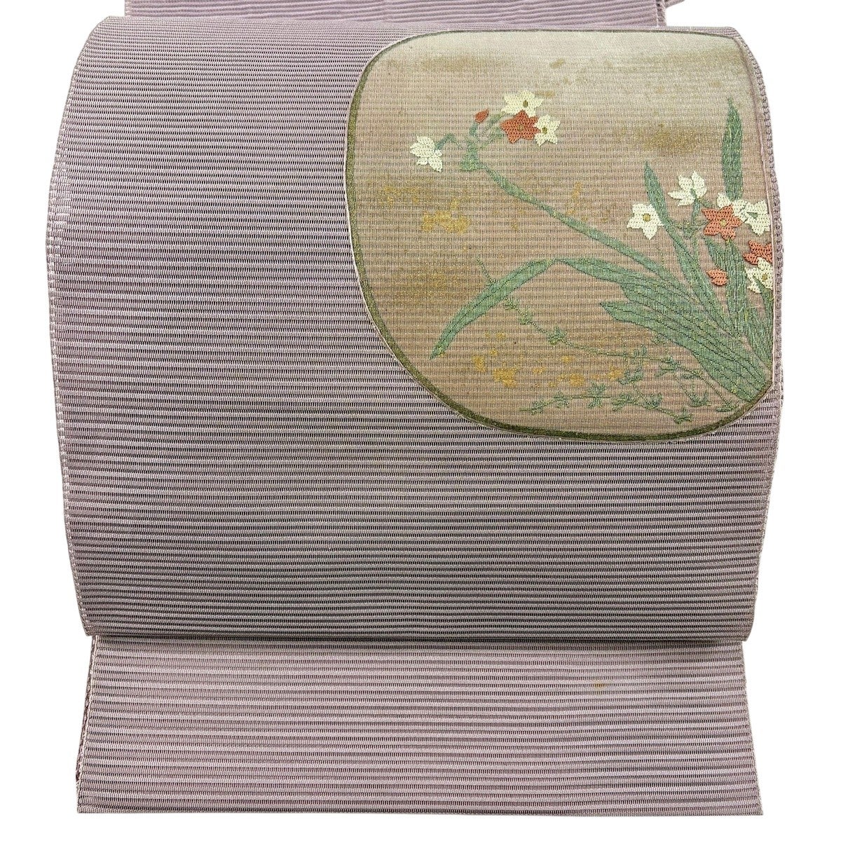 名古屋帯 秀品 夏帯 絽 八寸名古屋帯 草花 金彩 灰紫 正絹｜中古・古着