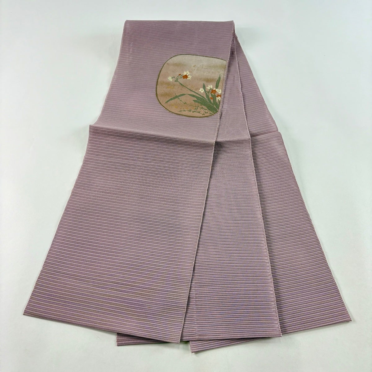名古屋帯 秀品 夏帯 絽 八寸名古屋帯 草花 金彩 灰紫 正絹｜中古・古着