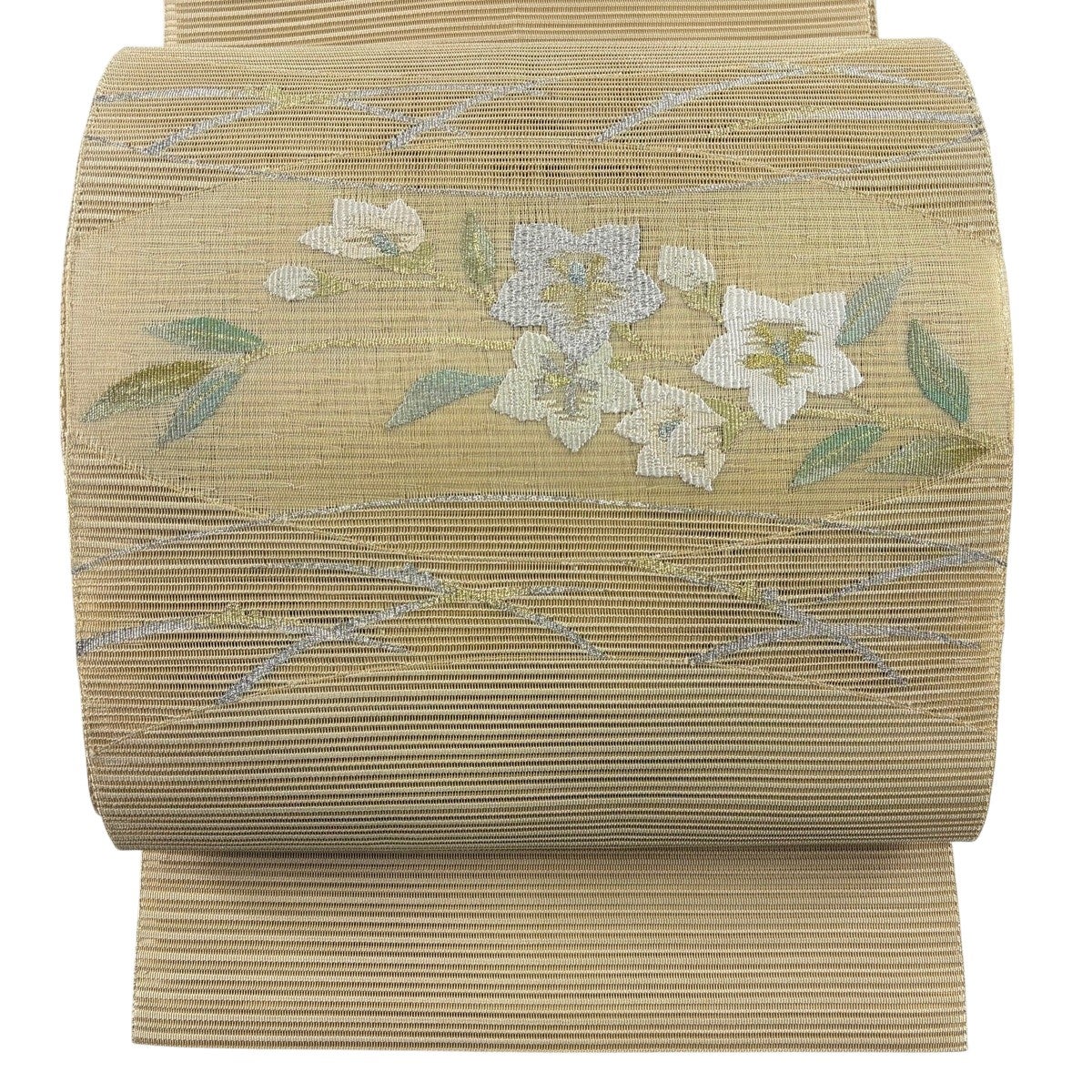 名古屋帯 秀品 夏帯 絽 八寸名古屋帯 松葉仕立て 草花 芝 金銀糸 黄土