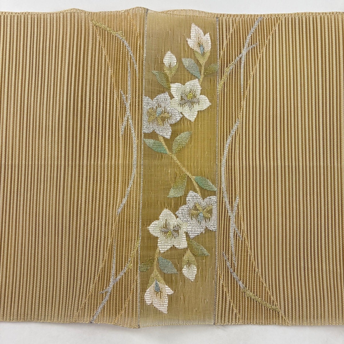 名古屋帯 秀品 夏帯 絽 八寸名古屋帯 松葉仕立て 草花 芝 金銀糸 黄土