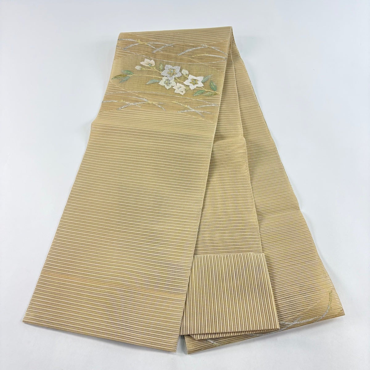 名古屋帯 秀品 夏帯 絽 八寸名古屋帯 松葉仕立て 草花 芝 金銀糸 黄土