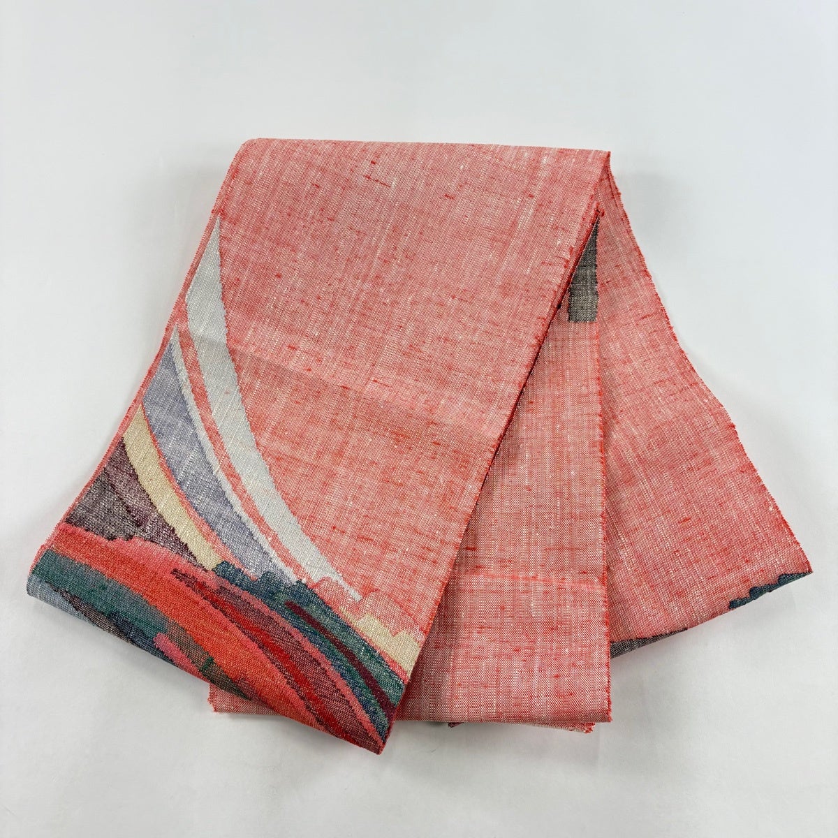 美品】 名古屋帯 秀品 渡文 証紙あり 八寸名古屋帯 幾何学 朱色 正絹