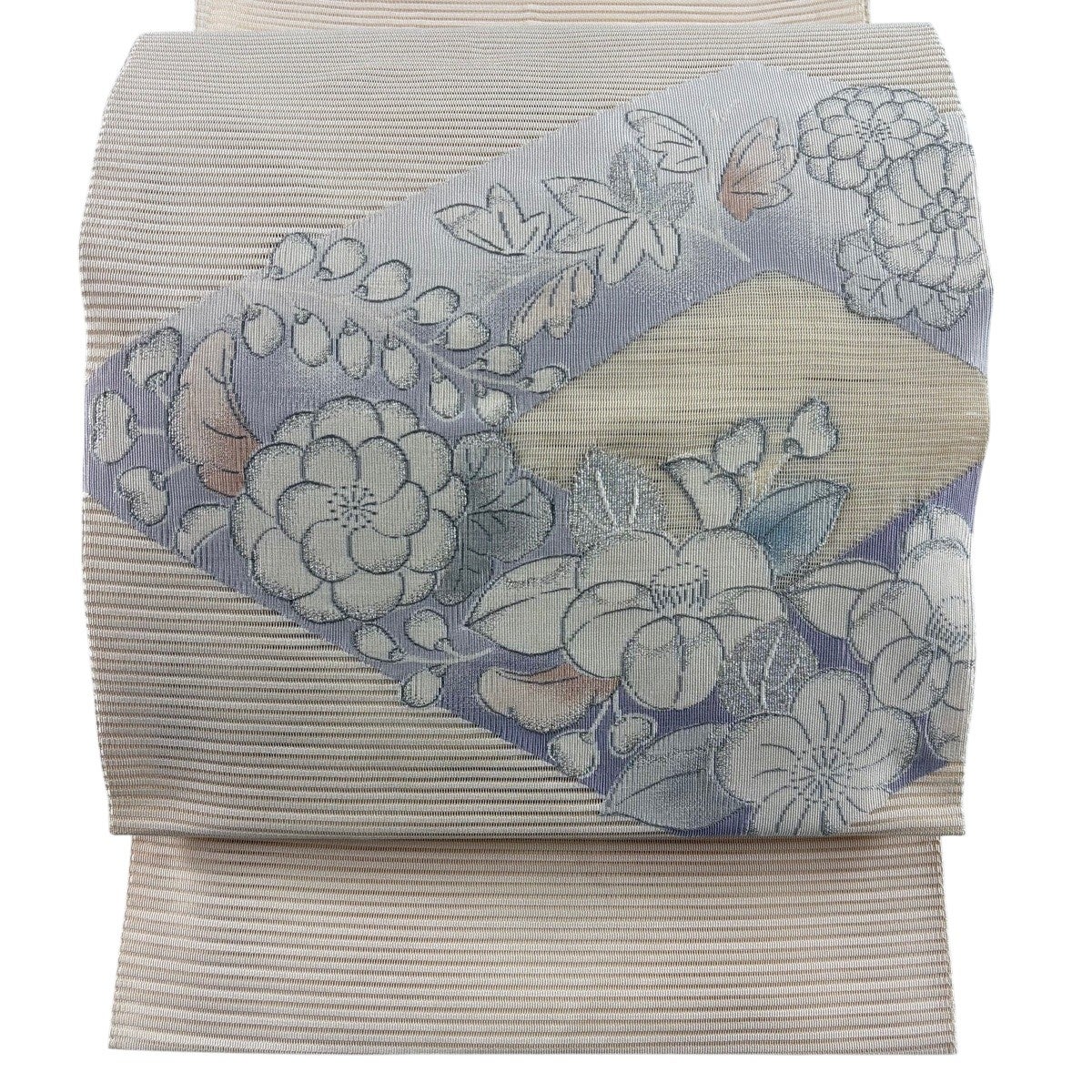 名古屋帯 優品 夏帯 絽 花丸文 草花 銀糸 クリーム 正絹｜中古・古着