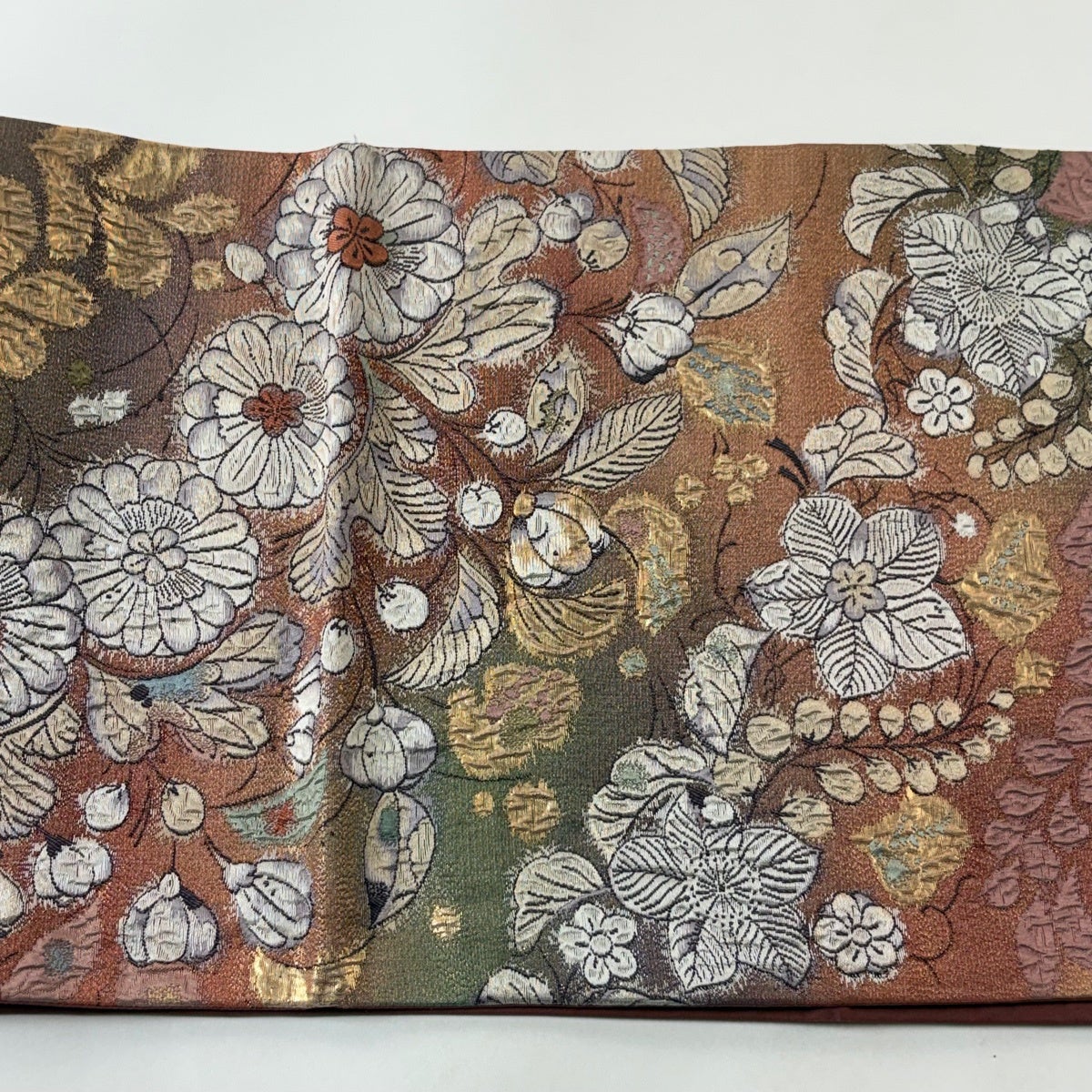美品】 袋帯 秀品 辻が花柄 霞 箔 金糸 サーモンピンク 六通 正絹