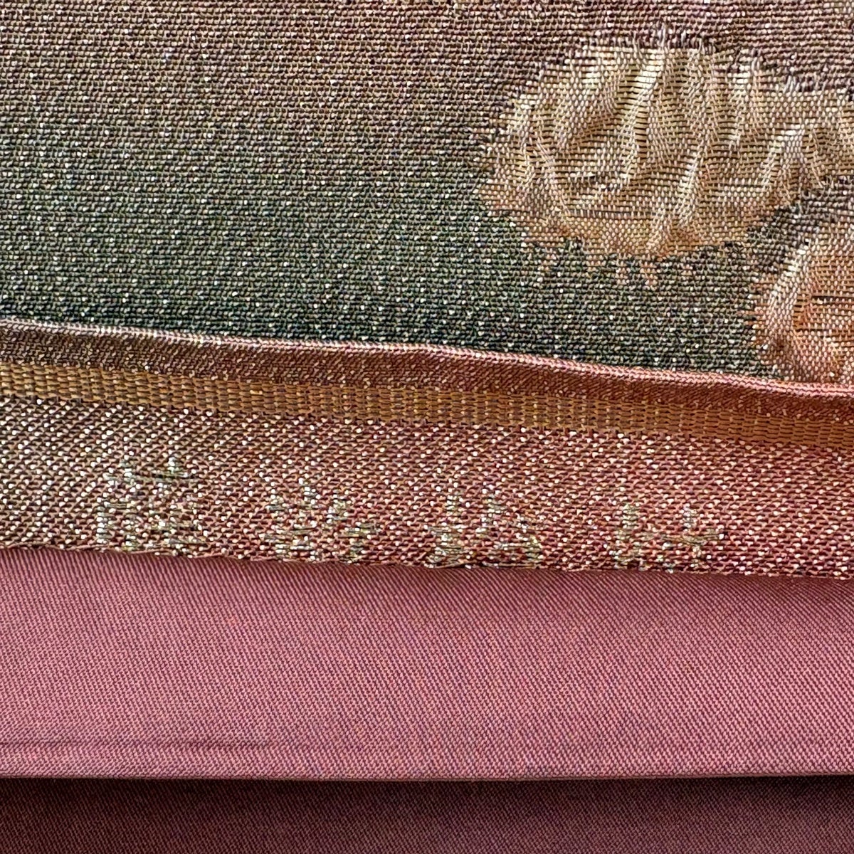 美品】 袋帯 秀品 辻が花柄 霞 箔 金糸 サーモンピンク 六通 正絹