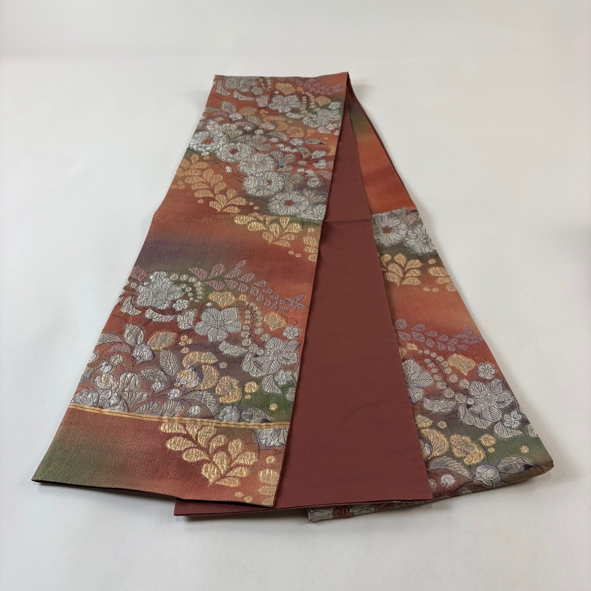 美品】 袋帯 秀品 辻が花柄 霞 箔 金糸 サーモンピンク 六通 正絹