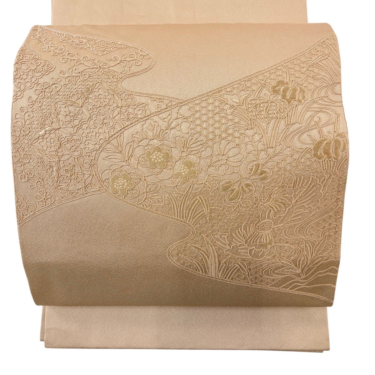 美品】 開き名古屋帯 秀品 比翼仕立て 源氏香 幾何学模様 金糸 黒 正絹 