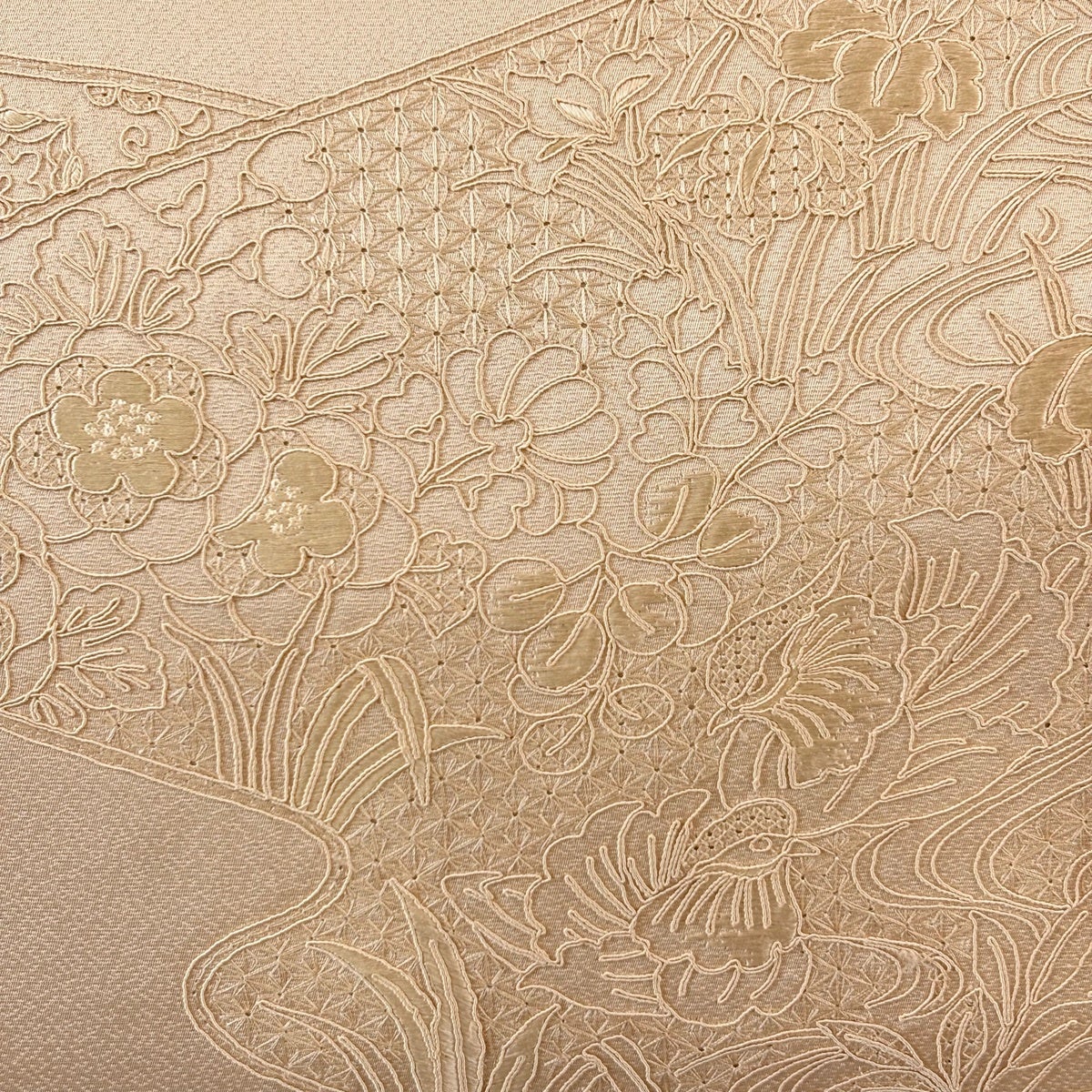 開き名古屋帯 秀品 鴛鴦 草花 刺繍 薄茶色 正絹｜中古・古着
