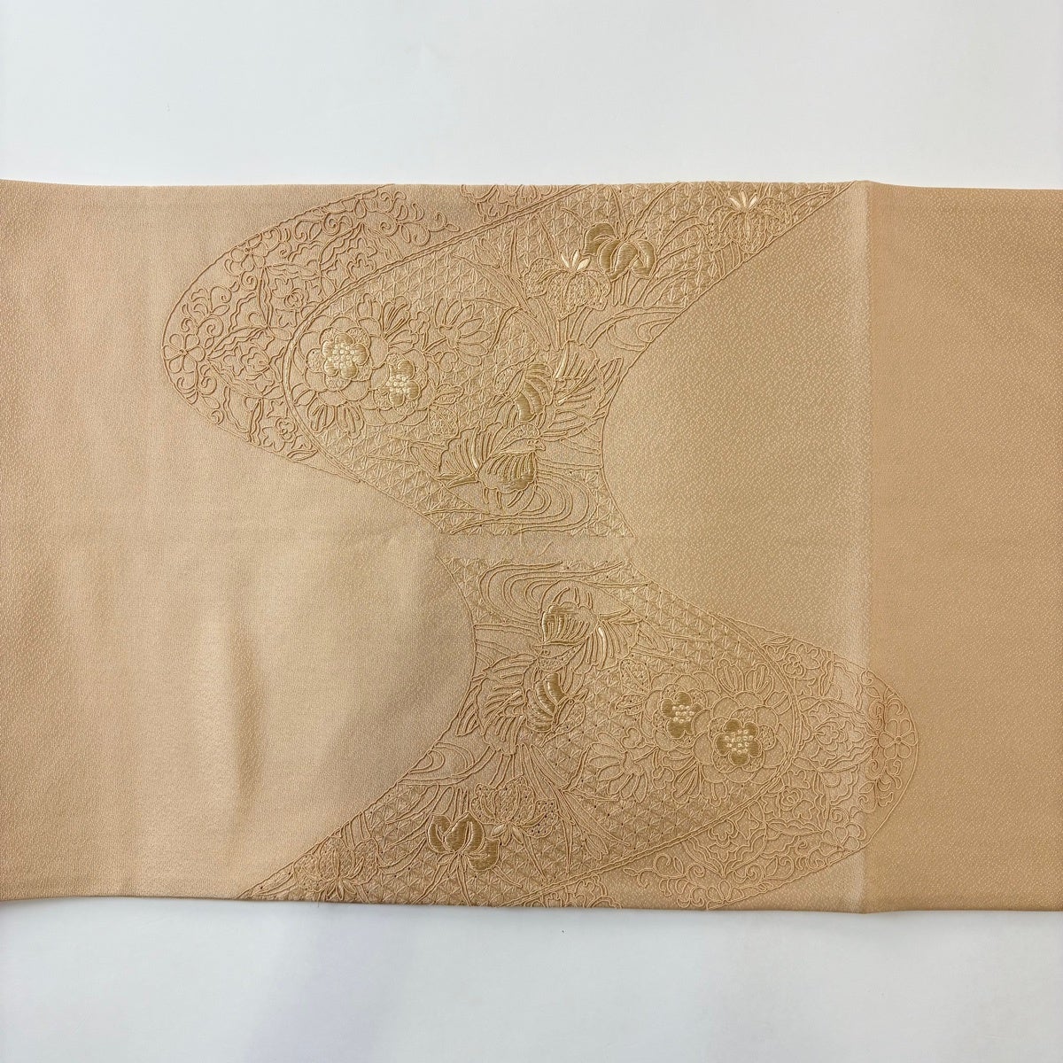 開き名古屋帯 秀品 鴛鴦 草花 刺繍 薄茶色 正絹｜中古・古着