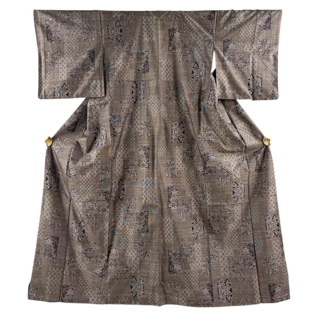 美品】 紬 身丈157cm 裄丈63.5cm S 袷 証紙あり 草花 縦縞 灰紫 正絹
