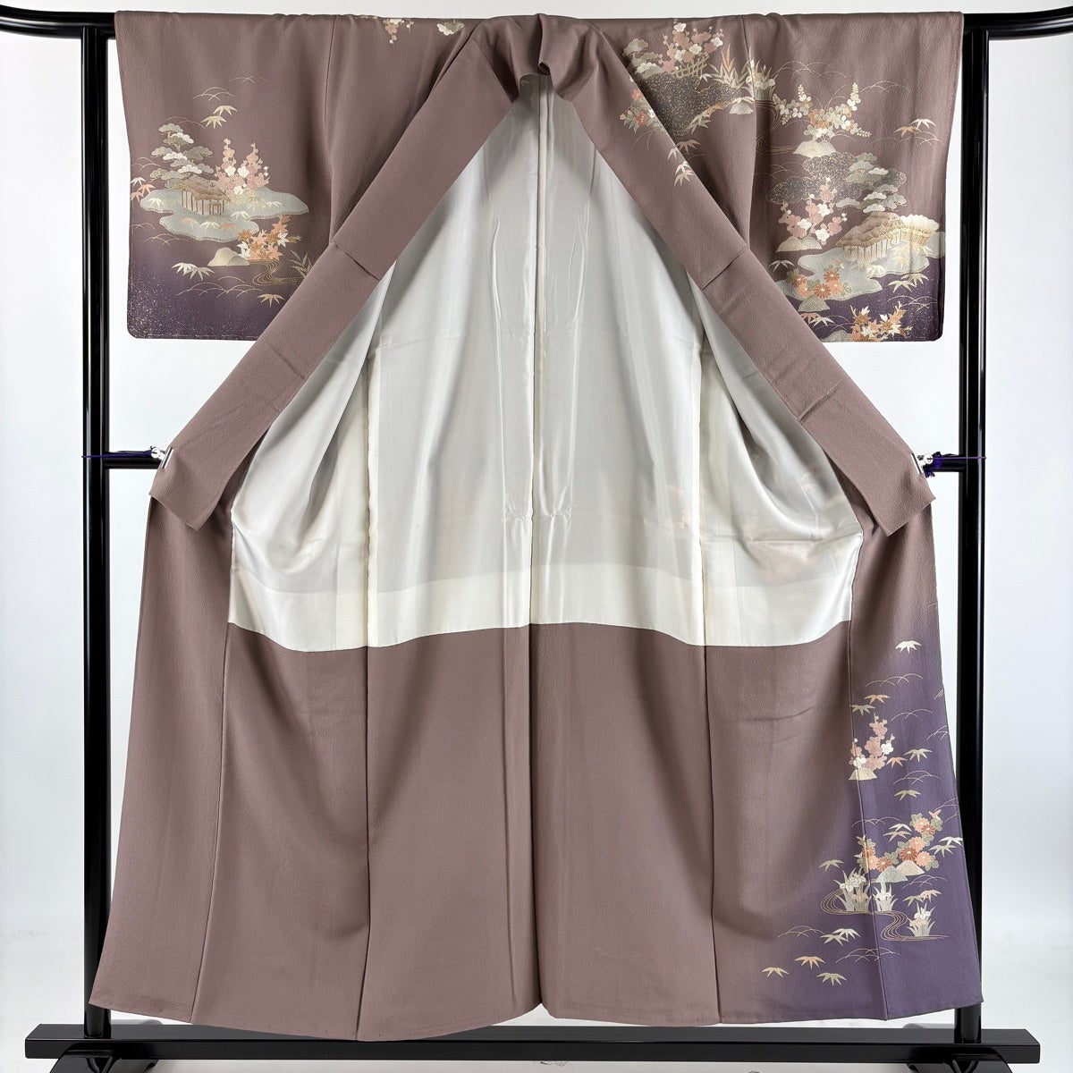 訪問着 身丈154.5cm 裄丈61.5cm S 袷 建物 松竹梅 金彩 ぼかし 灰紫