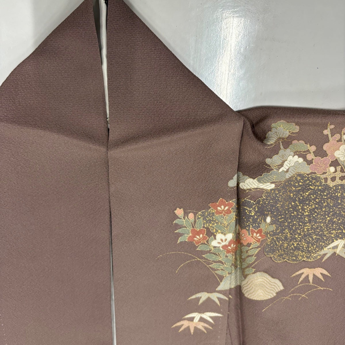 訪問着 身丈154.5cm 裄丈61.5cm S 袷 建物 松竹梅 金彩 ぼかし 灰紫