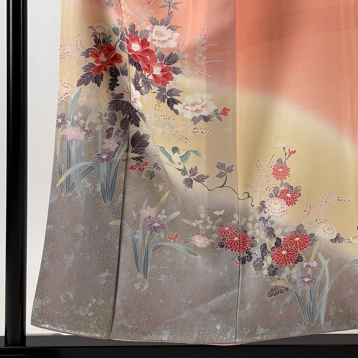 訪問着 身丈155cm 裄丈64cm M 袷 枝花 鳥 金銀彩 染め分け ピンク 正絹