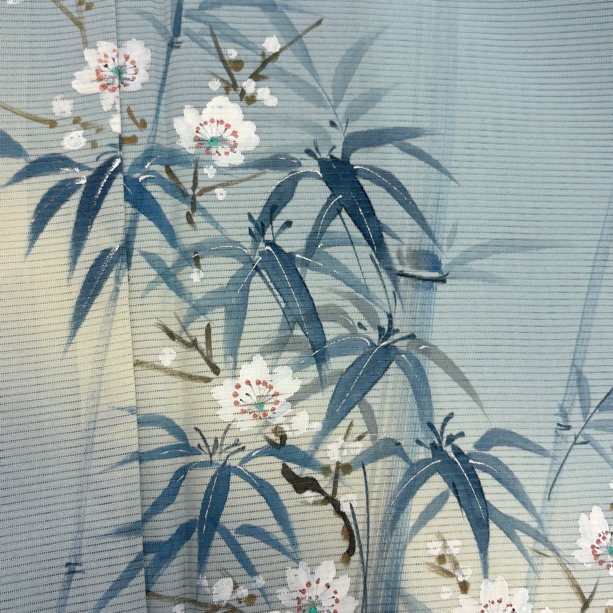 付下げ 身丈158.5cm 裄丈65.5cm M 薄物 絽 竹 桜 銀彩 ぼかし 水色