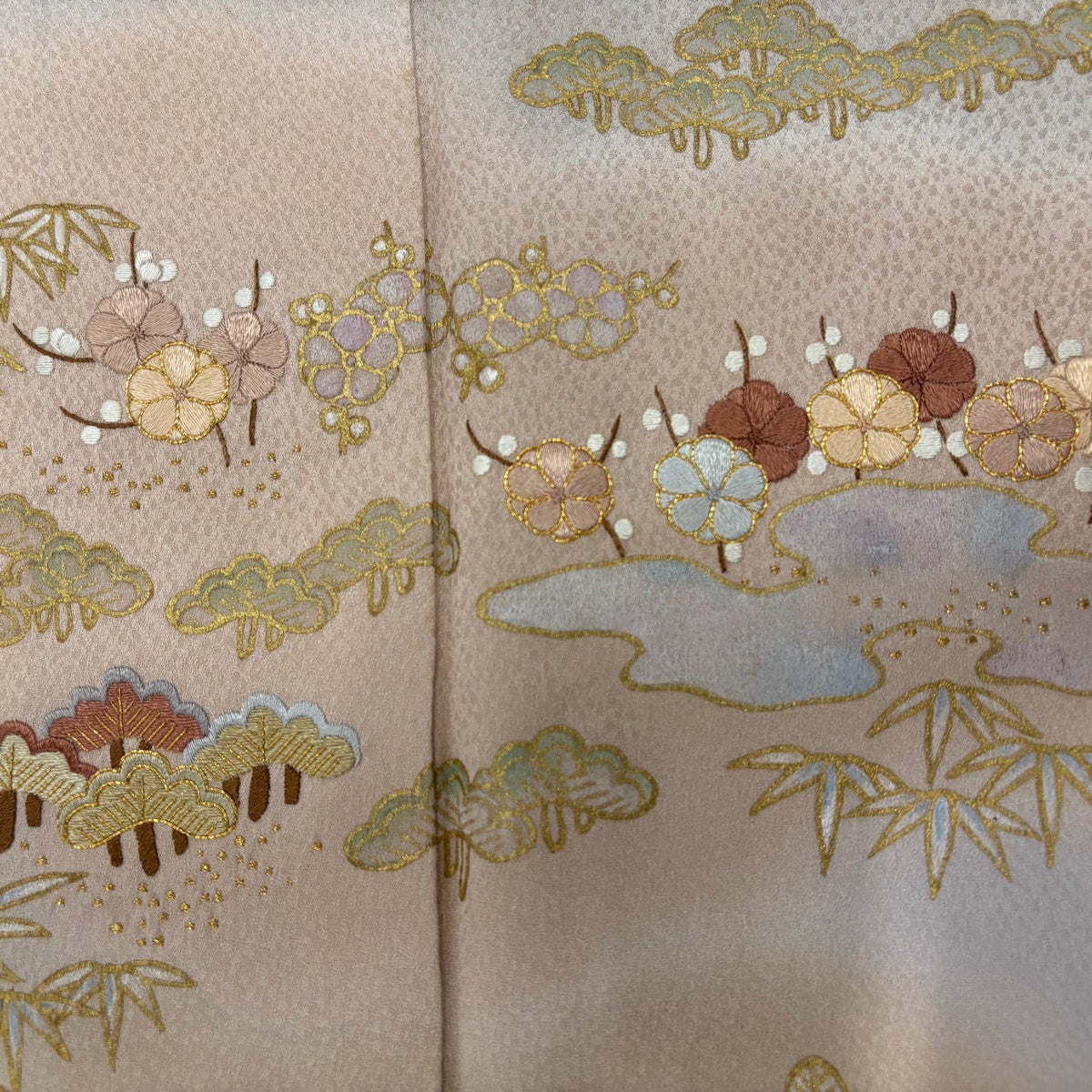 訪問着 身丈157cm 裄丈65cm M 袷 松竹梅 霞 刺繍 金彩 灰紫 正絹 秀品