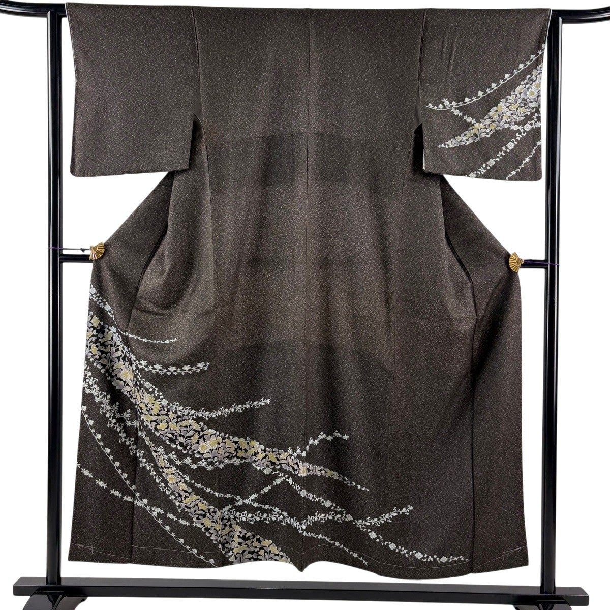 美品】 訪問着 身丈153cm 裄丈61.5cm S 袷 草花 焦茶色 正絹 秀品