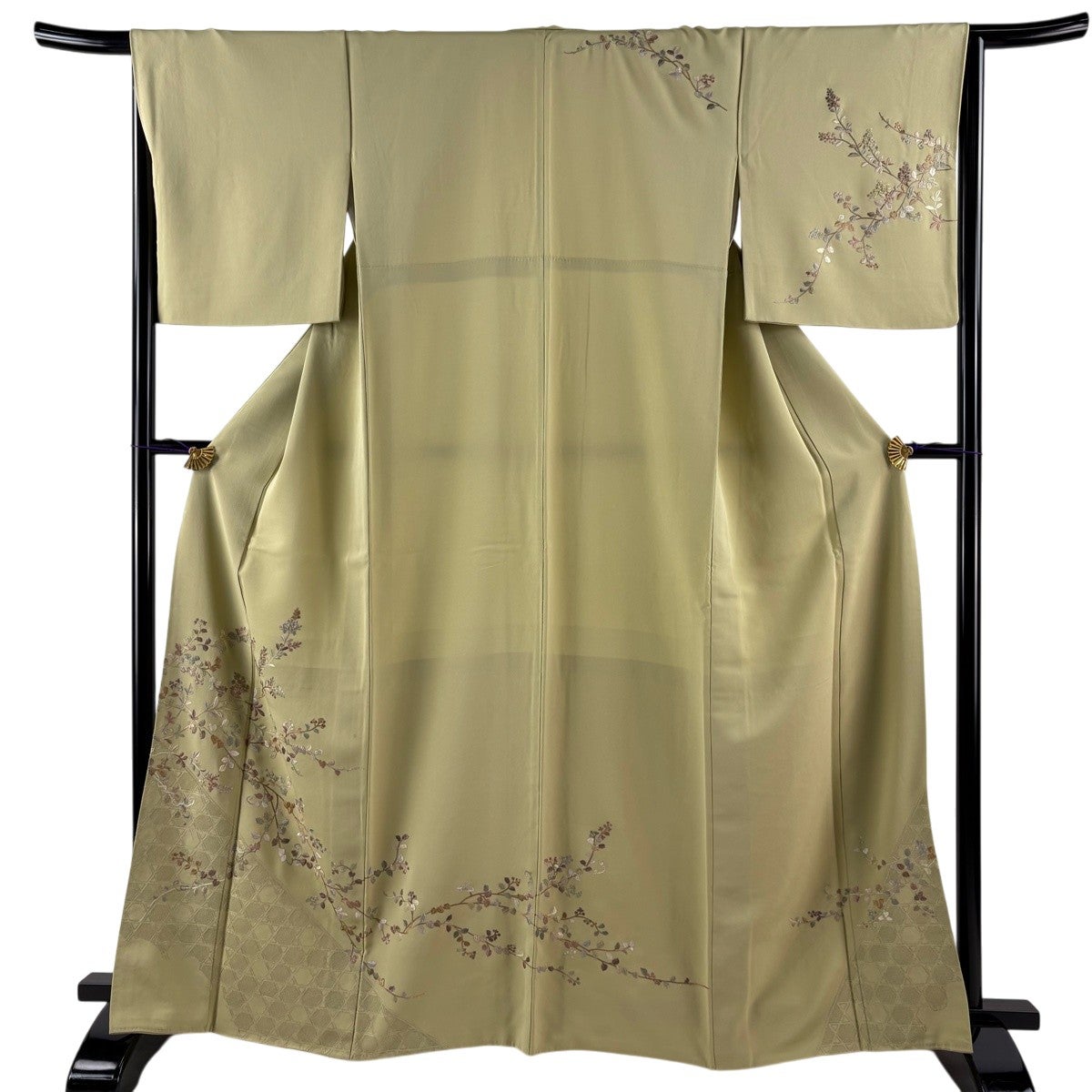 訪問着 身丈165cm 裄丈66cm M 袷 枝花 幾何学模様 刺繍 金糸 抹茶色