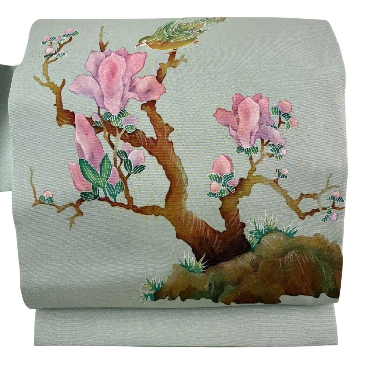 名古屋帯 優品 枝花 鳥 ぼかし 灰緑 正絹｜中古・古着・リサイクル着物