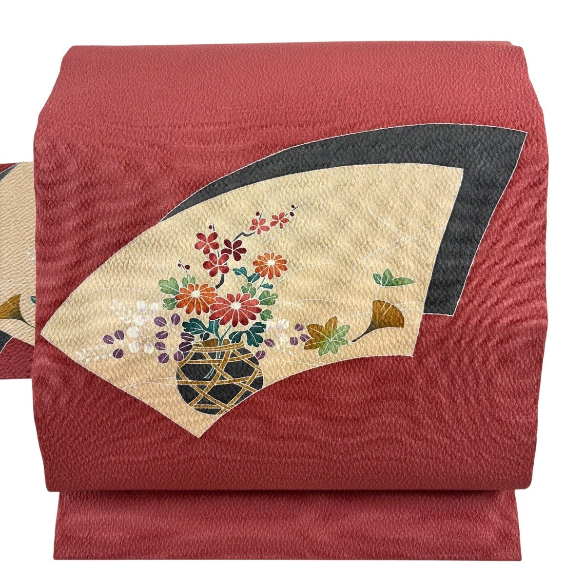 美品】 名古屋帯 優品 落款あり 扇面 花籠 えんじ色 正絹｜中古・古着