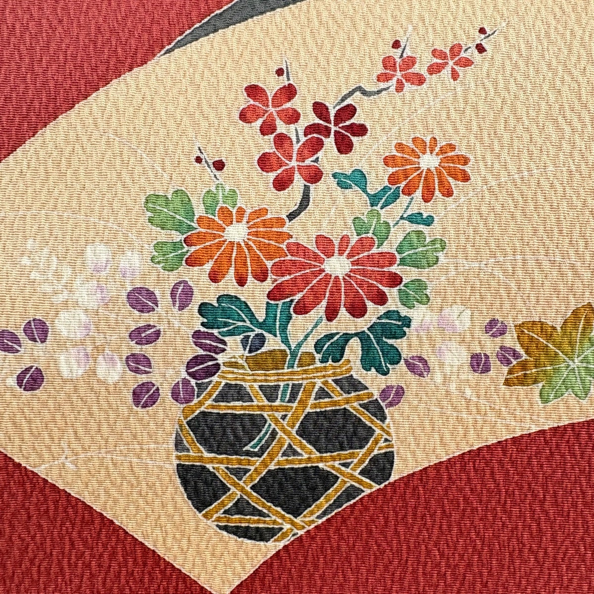 美品】 名古屋帯 優品 落款あり 扇面 花籠 えんじ色 正絹｜中古・古着