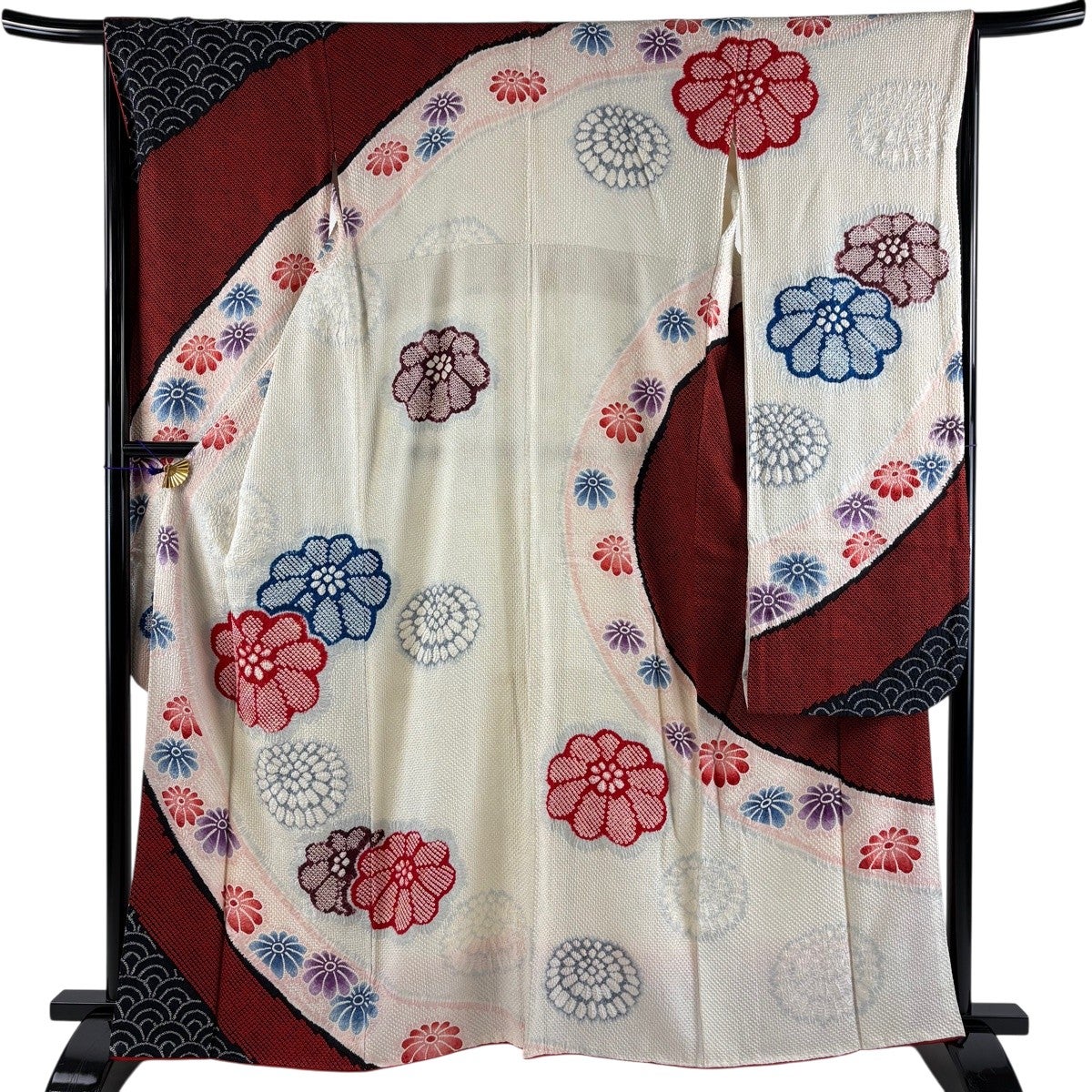 振袖 身丈163.5cm 裄丈67cm M 袷 菊 青海波 絞り クリーム 正絹 名品