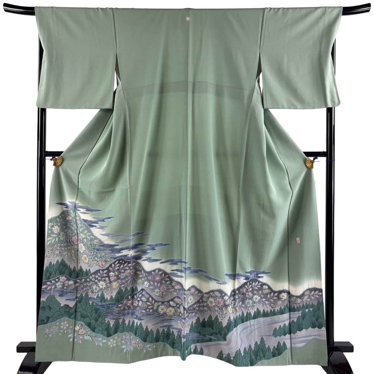 美品】 袋帯 秀品 吟遊辻が花龍田川文 辻が花 うさぎ 箔 唐織 灰緑 六 