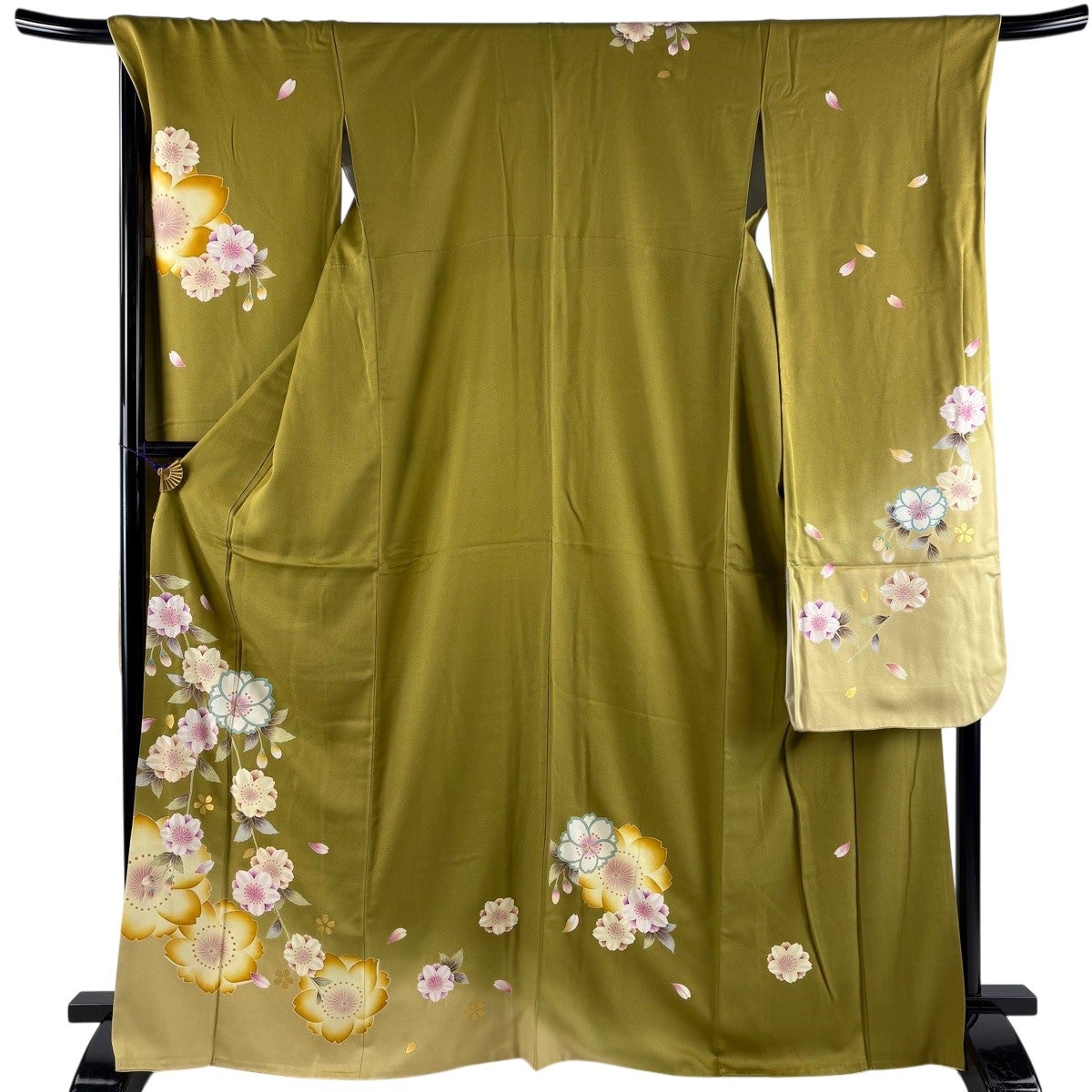 振袖 身丈167.5cm 裄丈70cm L 袷 桜 花びら 金彩 ぼかし 鶯色 正絹