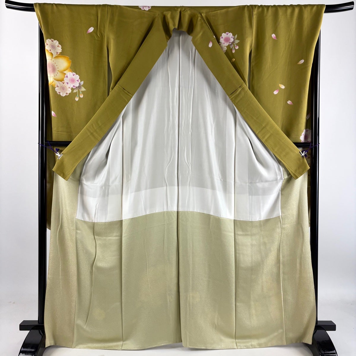 振袖 身丈167.5cm 裄丈70cm L 袷 桜 花びら 金彩 ぼかし 鶯色 正絹