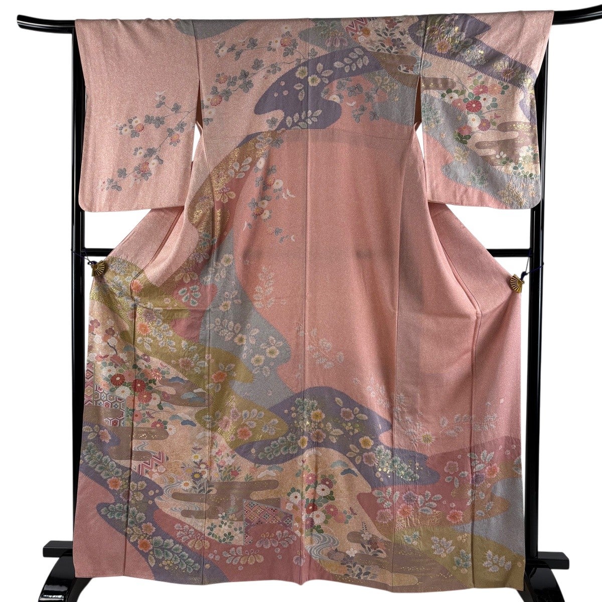 訪問着 身丈166.5cm 裄丈67.5cm L 袷 落款あり 菊 ヱ霞 金糸 絞り