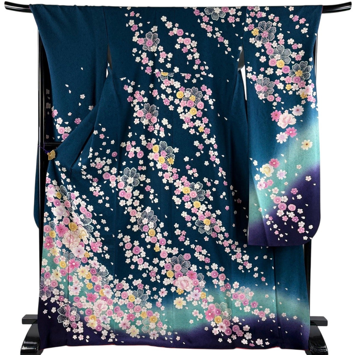 美品】 振袖 身丈172cm 裄丈69cm L 袷 牡丹 桜 箔 金彩 青緑 正絹 名品