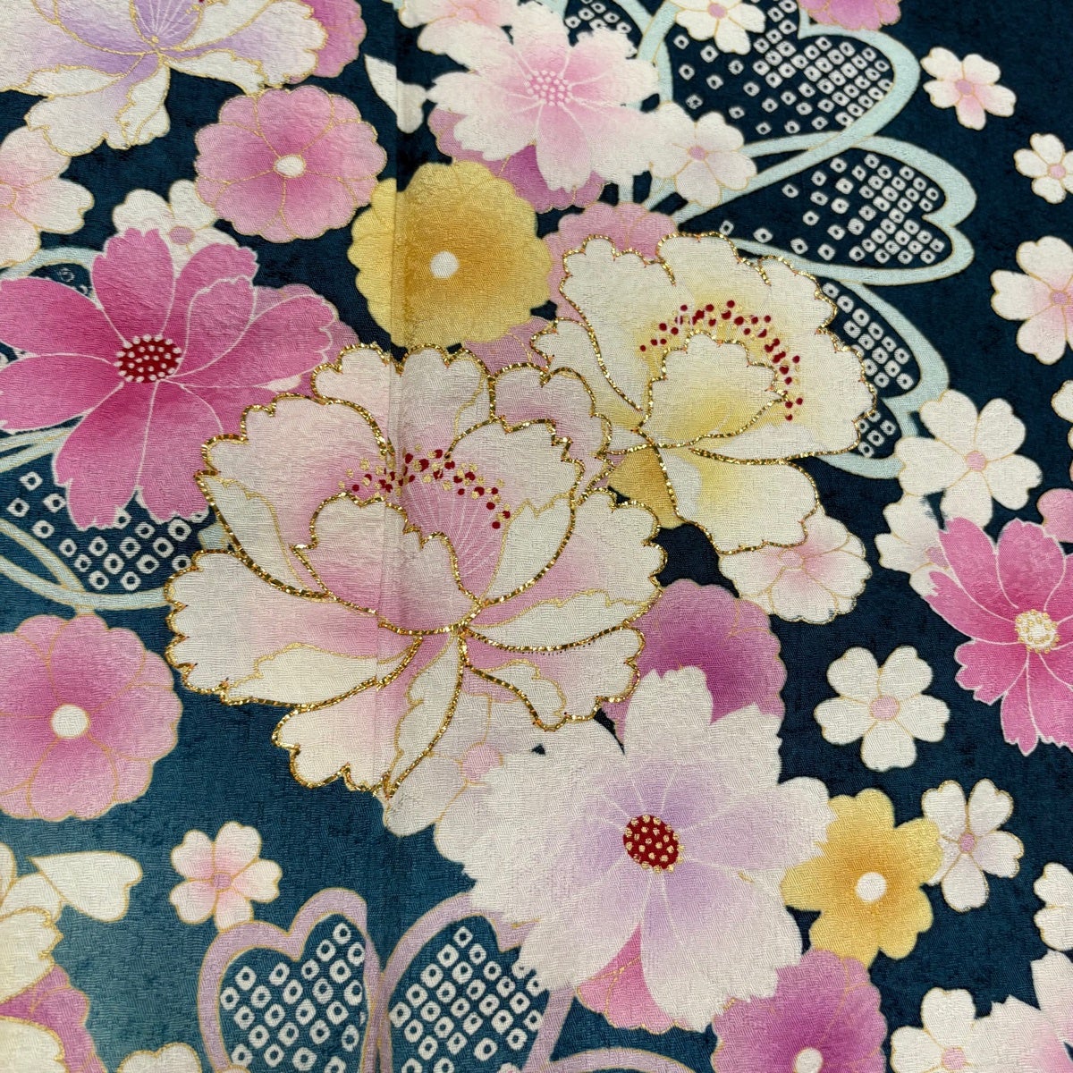 美品】 振袖 身丈172cm 裄丈69cm L 袷 牡丹 桜 箔 金彩 青緑 正絹 名品